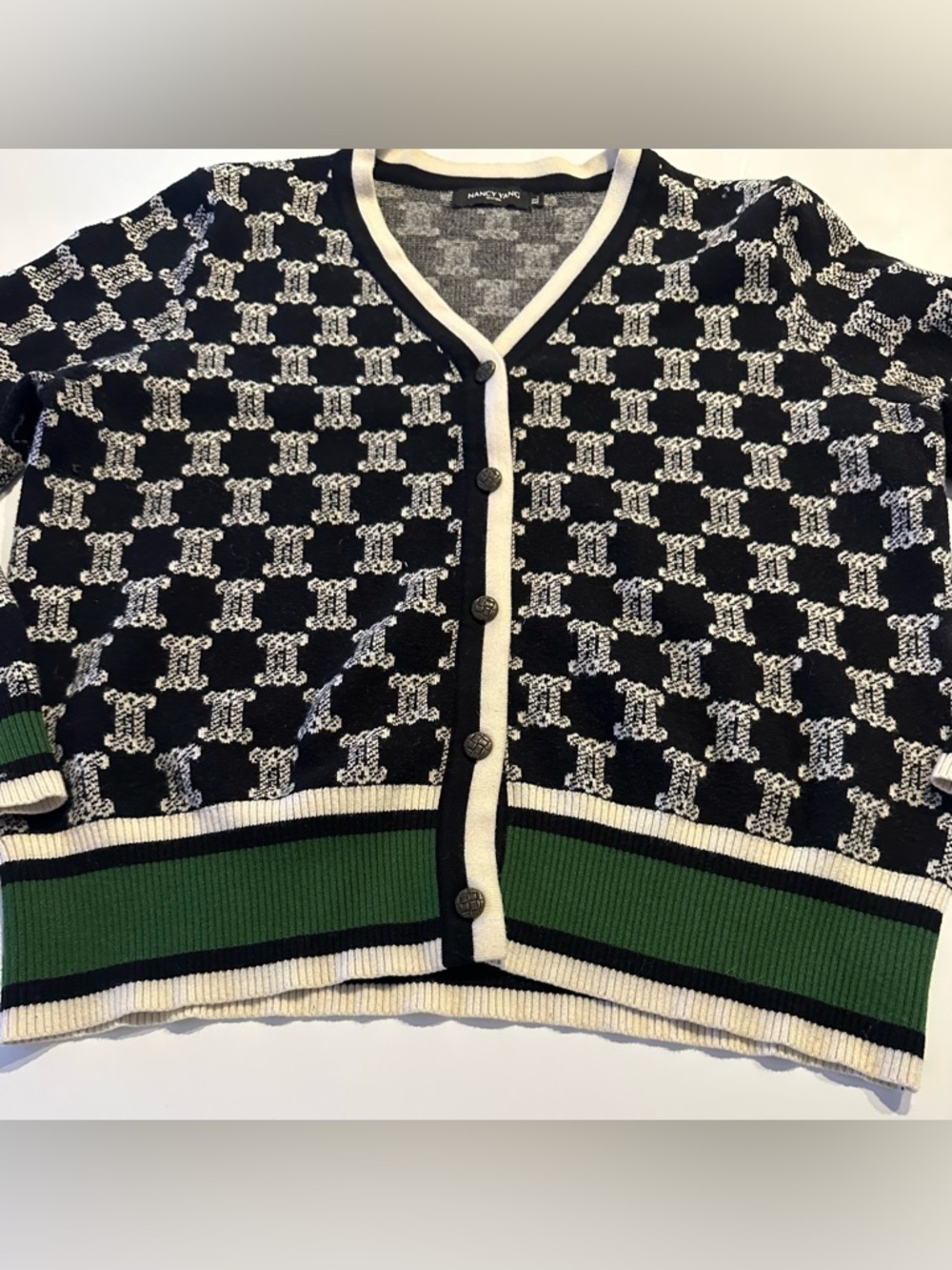Black and White Patterned V-Neck Cardigan with Green Trim - Picture 2 of 8